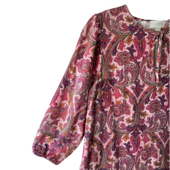 LOFT | NWOT PINK PAISLEY DROP WAIST TIERED RUFFLE DRESS BOHO COTTON BLEND SMALL - Picture 4 of 10